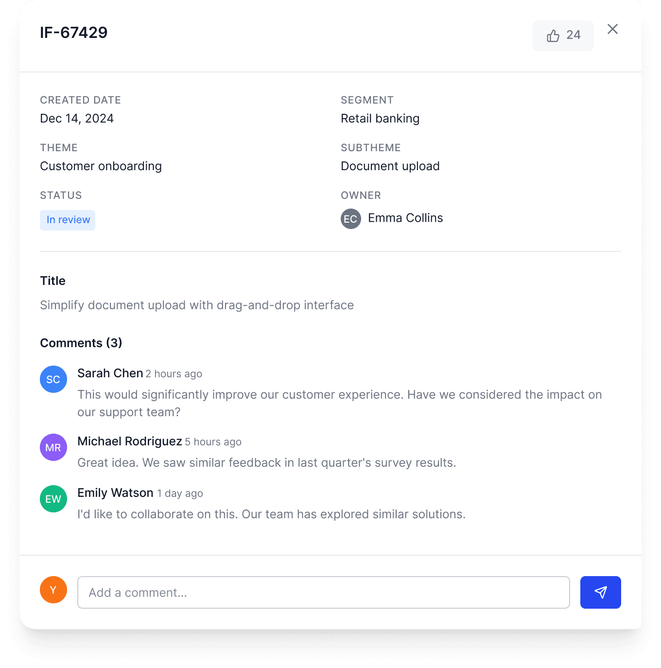 Idea detail modal — AI classification, status, likes and comments