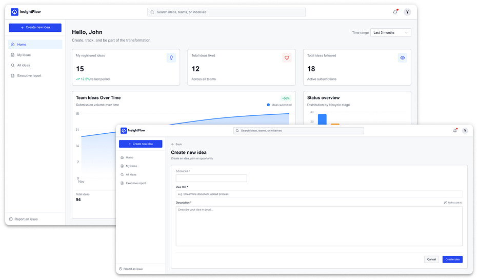 InsightFlow home dashboard and Create idea screen with AI theme categorization