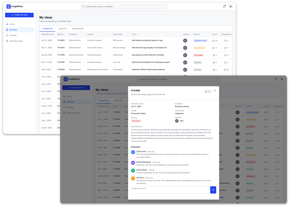 InsightFlow home dashboard and Create idea screen with AI theme categorization