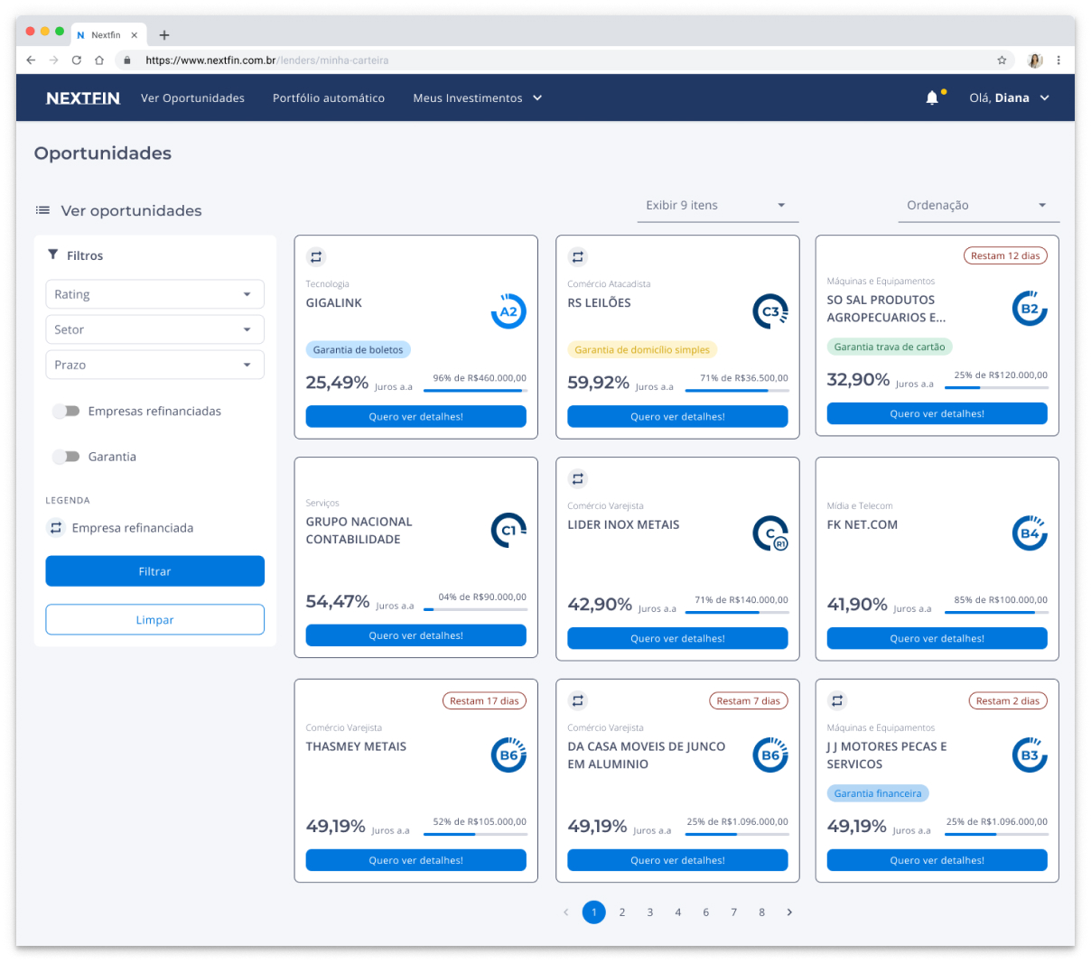 “Opportunities to invest” interface