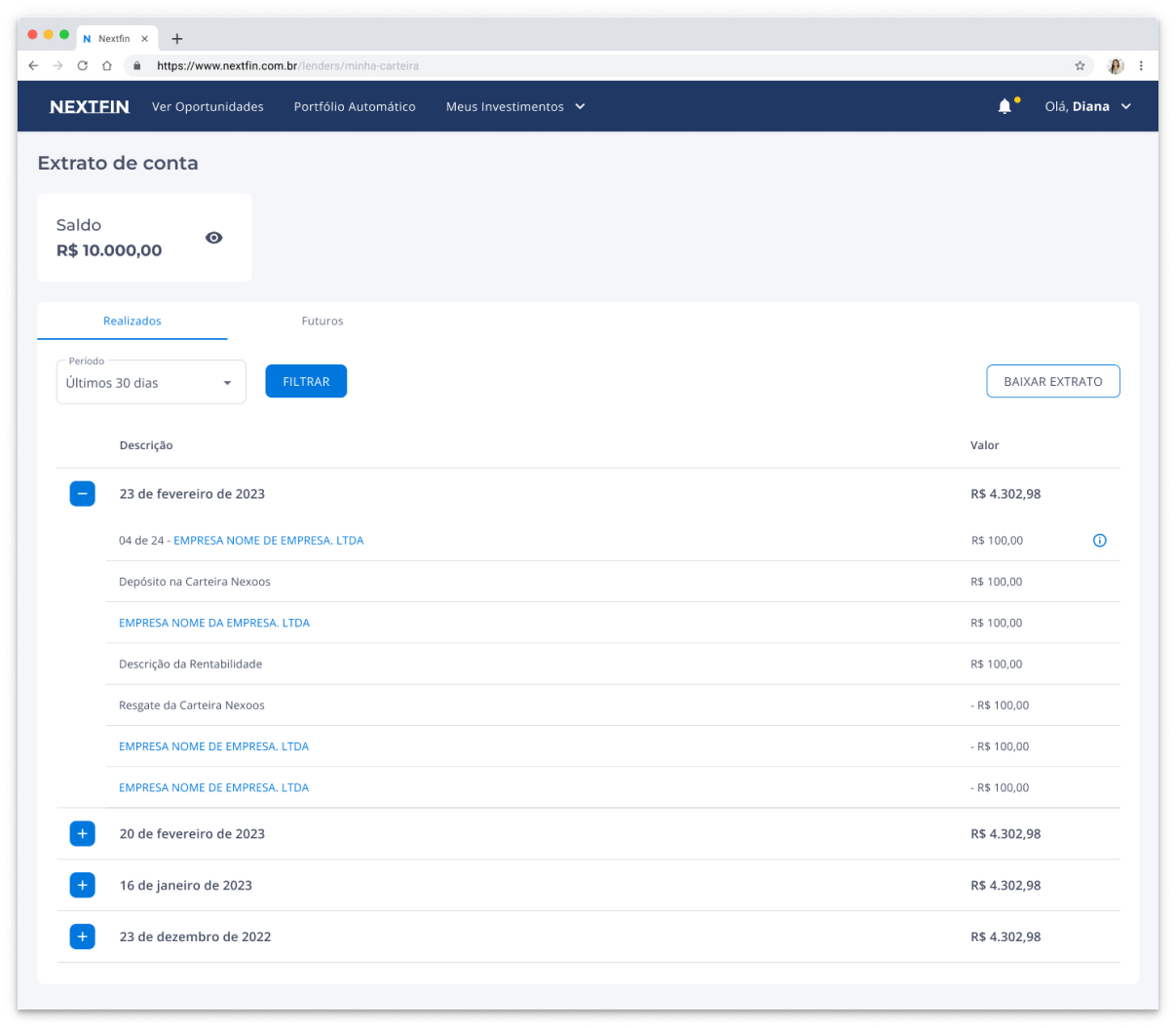 “Account statement” interface
